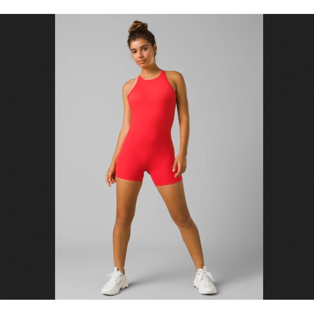 Prana Becksa Shortie Women M Carmine Red Heather Ribbed Athletic Romper 1973261